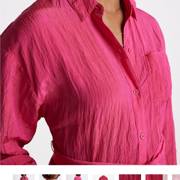 NWT Express Crinkle Portofino Maxi Shirt Dress Hot Pink Size Medium - Picture 2 of 6
